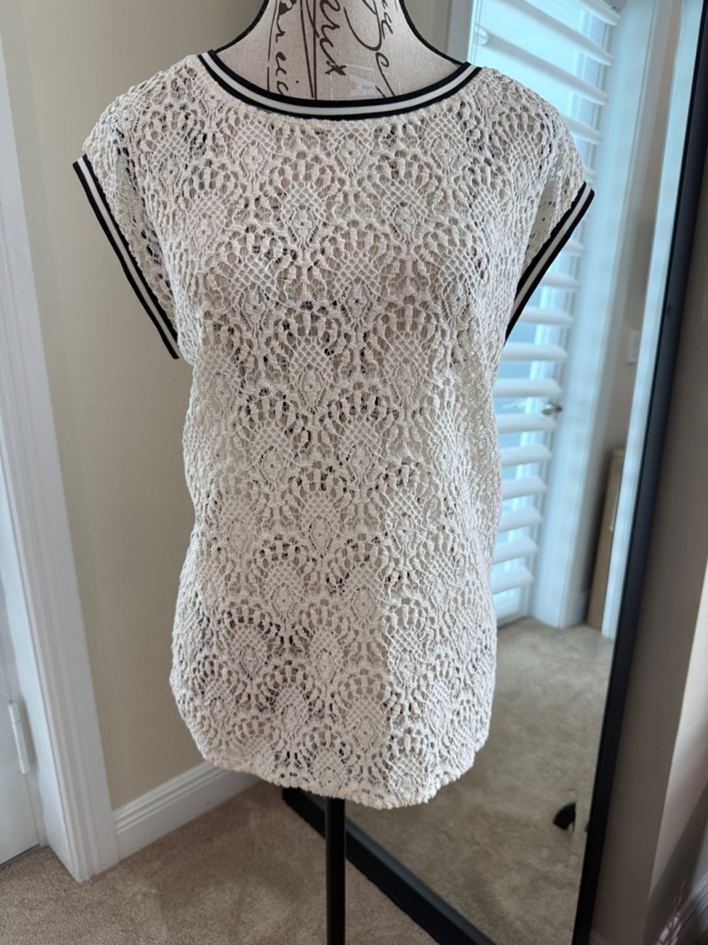 STYLUS Cream Crochet Lace Tunic with Black Trim